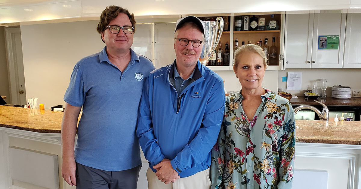 From left, A Royal Flush Director of Operations Thomas Butler, A Royal Flush co-owner Tim Butler, and HonorBound Executive Director Pamela Harper Kushner in the clubhouse at Silvermine Golf Club in Norwalk, CT.